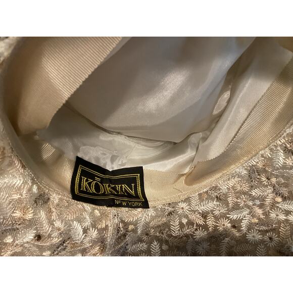 Kokin Bucket Straw Veil Ivory Floral Embroidery Net Vintage Bridal Lunch Hat - Picture 8 of 9